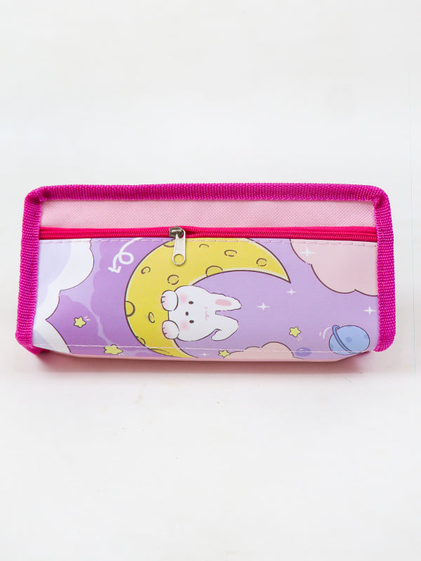 PB03 Zipper Pencil School Pouch For Kids Moon Rabbit Pink