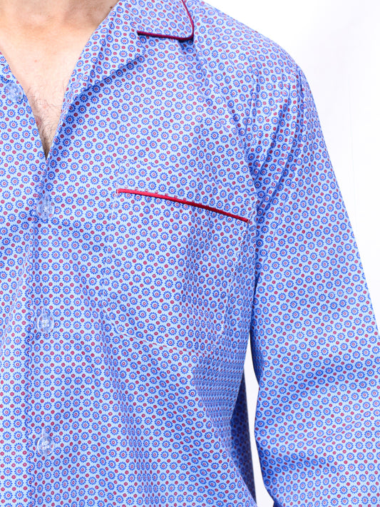 Men's 100% Cotton Printed Night Suit Design 01 Light Blue