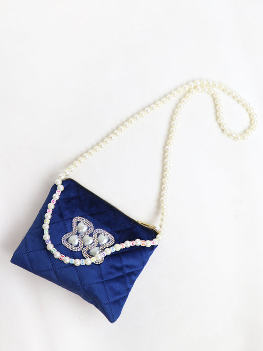 Stylish Velvet Handbag For Women's Heart Blue 19