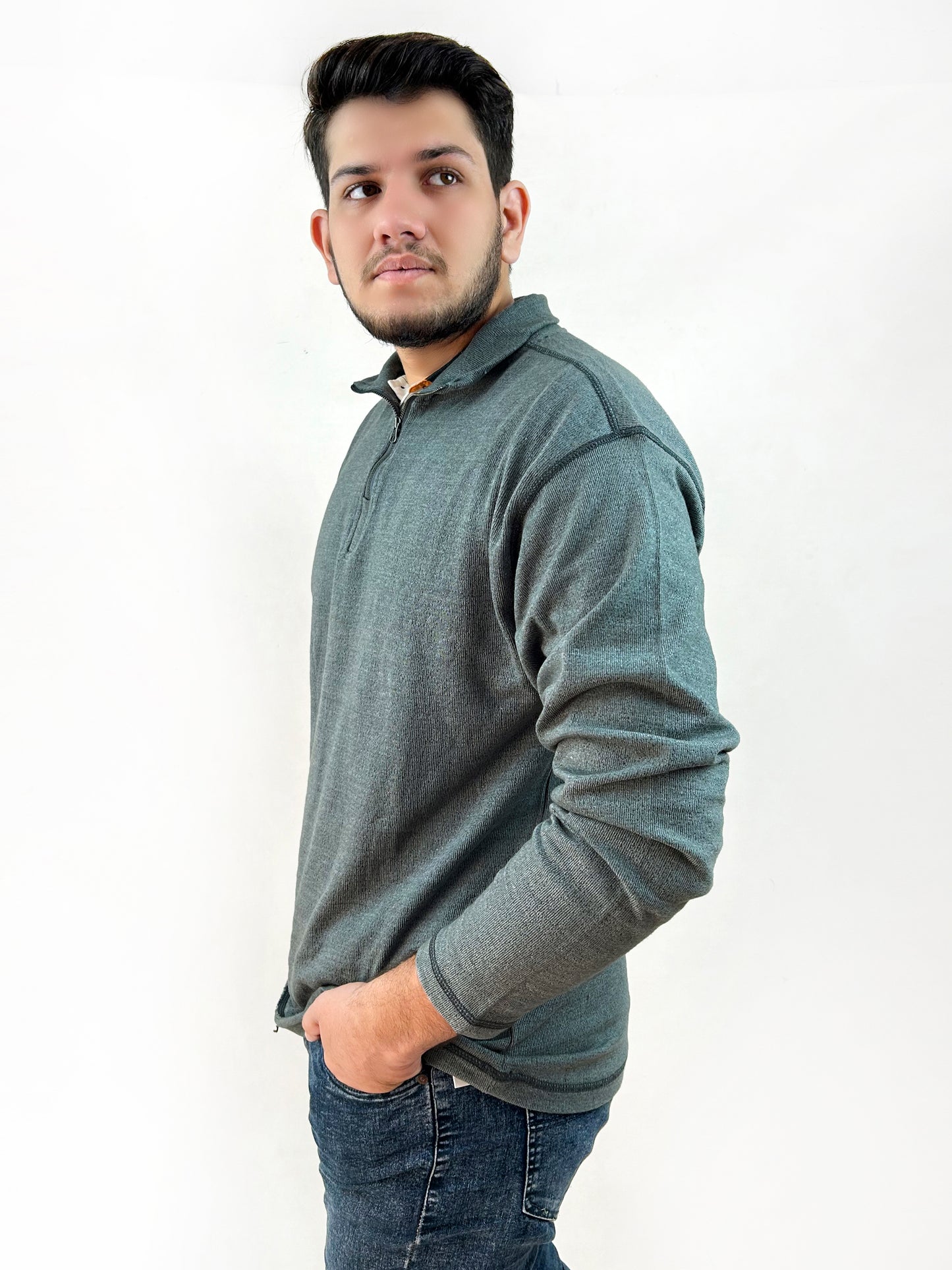 Grey Stand Neck Zipped Sweatshirt For Men MSS13