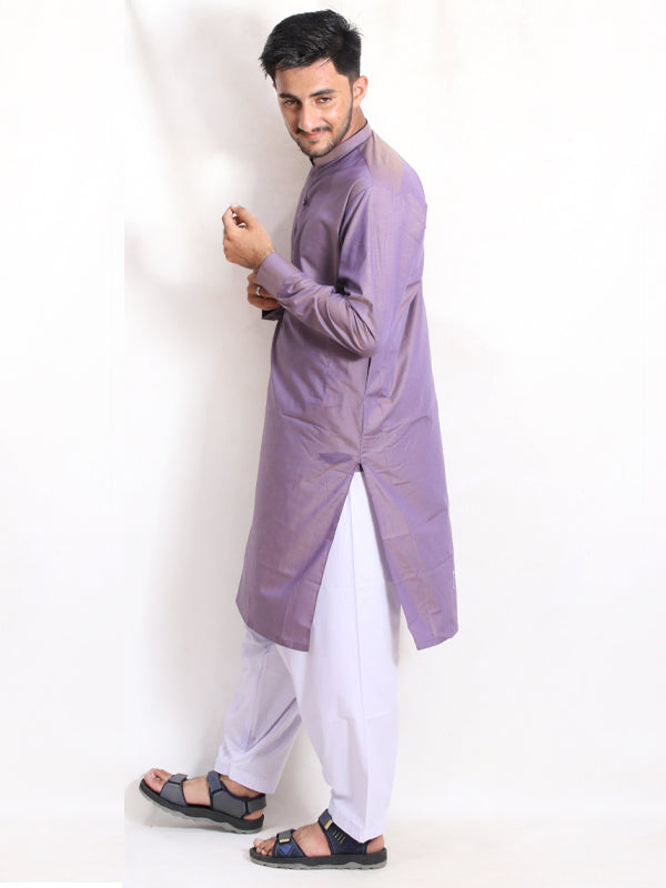 MSK39 Men's Chambray Kameez Shalwar Stitched Suit Cuff Purple