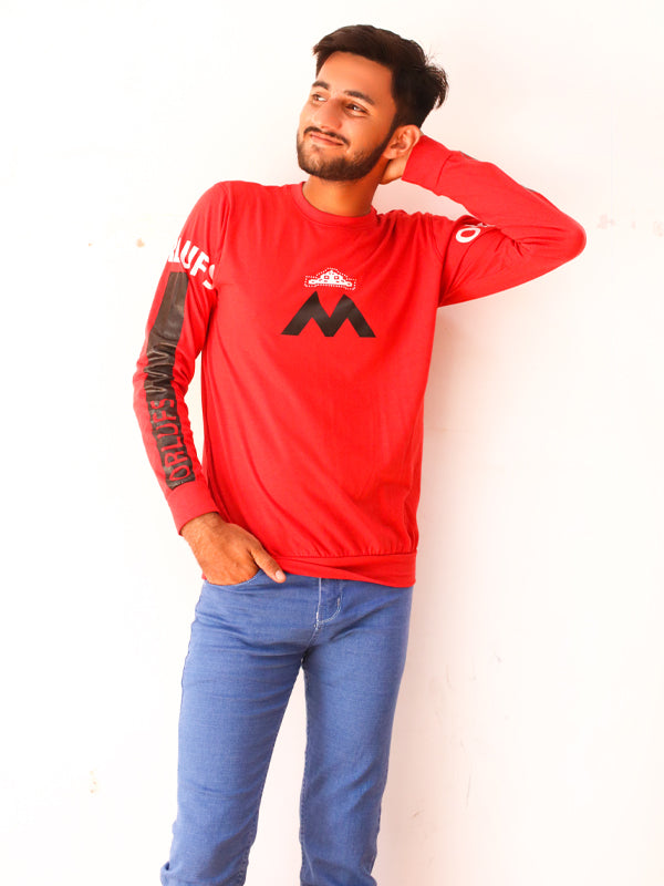 Red M Full Sleeve Printed T-Shirt For Men SN MTS81