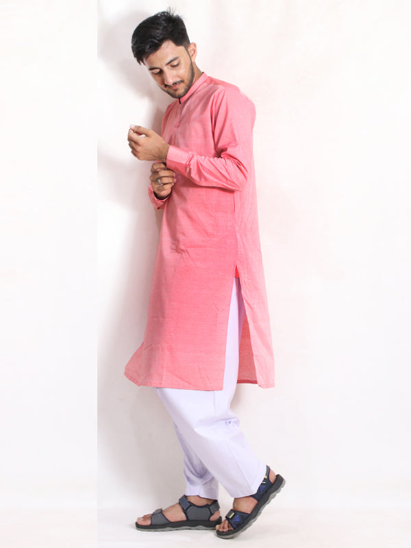 MSK34 Men's Chambray Kameez Shalwar Stitched Suit Cuff Peach