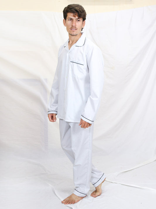 AN Men's 100% Cotton Night Suit Blue White Lines