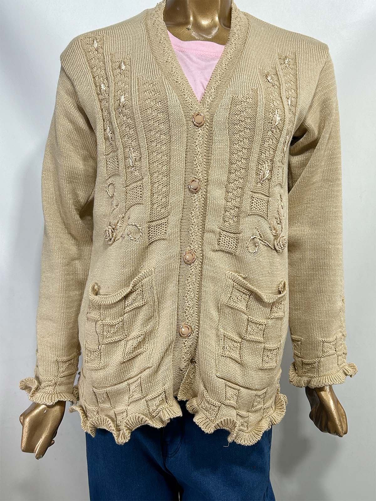 Beige Full Sleeves Long Sweater For Women WSW54