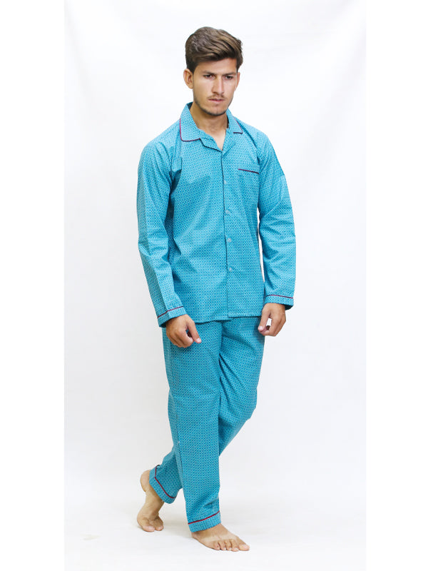 Men's 100% Cotton Printed Night Suit Design 01 Sea Green