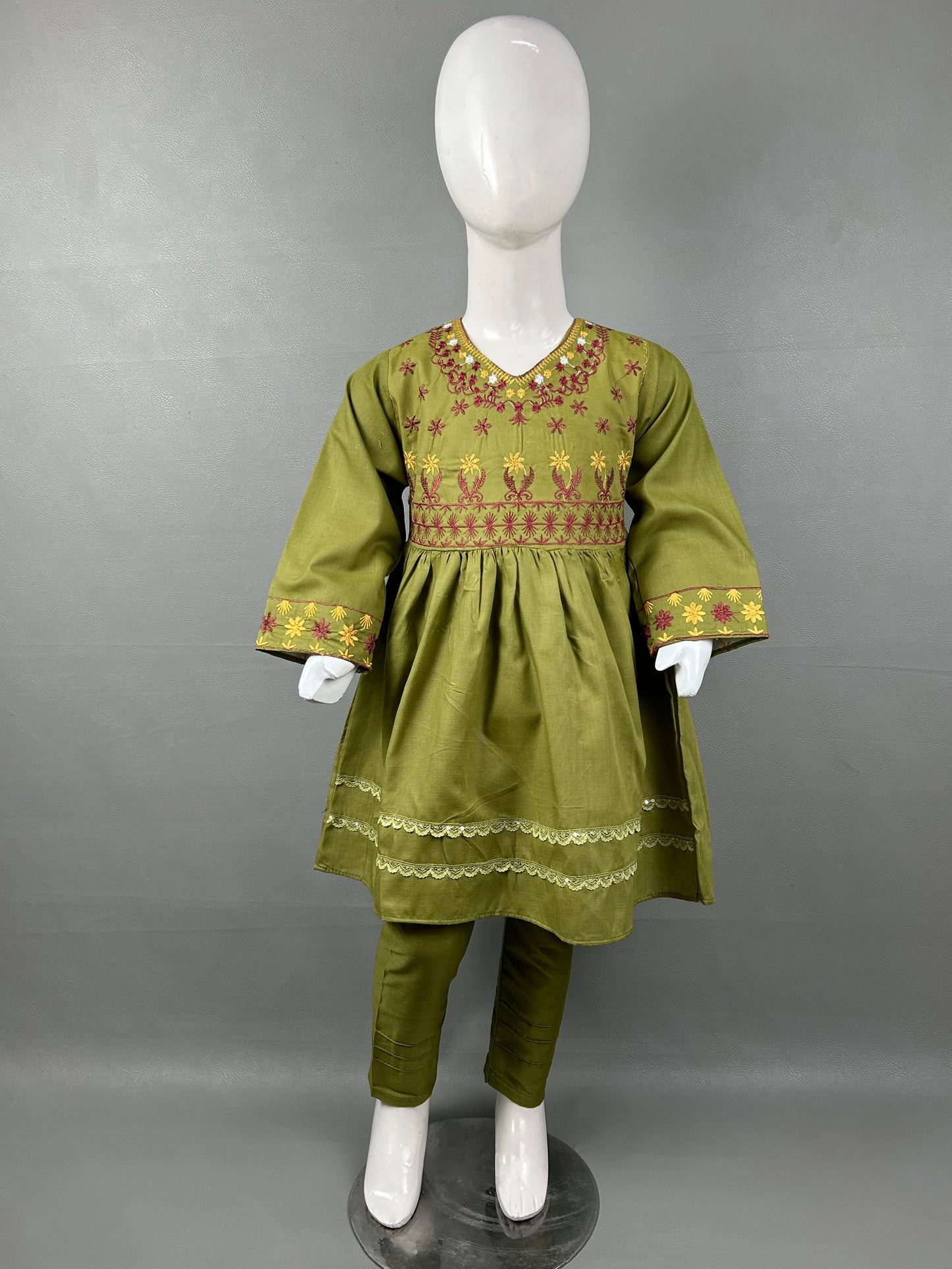 5Yr - 12Yrs Dark Green Embroidered Suit For Girls RZ GS193
