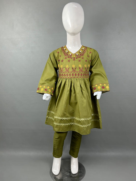 5Yr - 12Yrs Dark Green Embroidered Suit For Girls RZ GS193