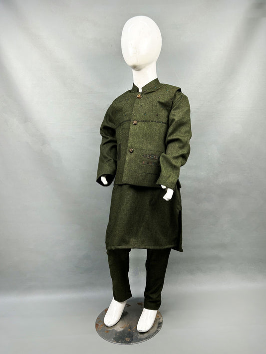 5Yrs - 11Yrs Green Kurta Pajama with Waistcoat For Boys AM BKS78