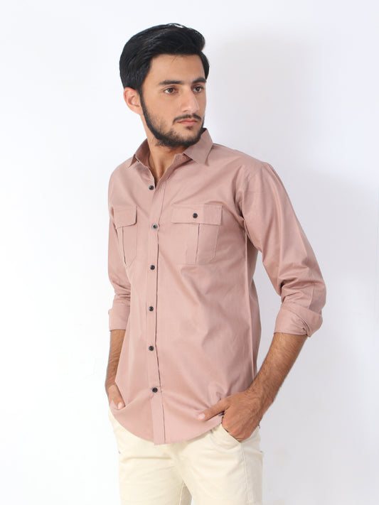 MCS01 Men's Double Pocket Casual Shirt Light Brown