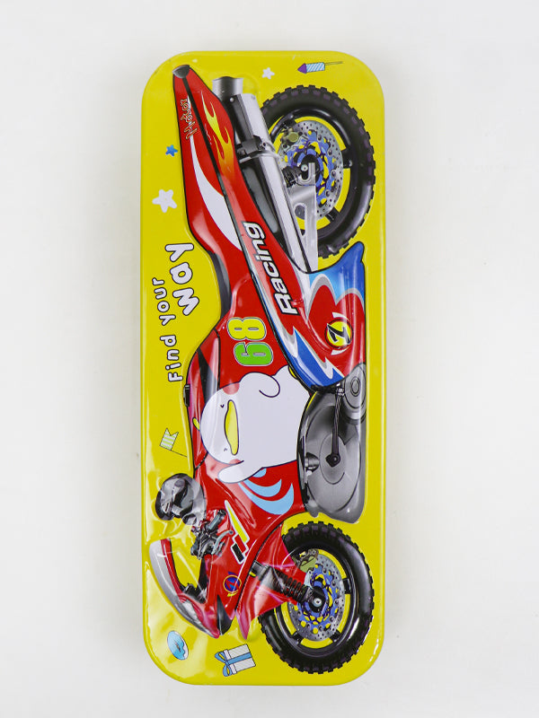 PB08 Metal Pencil Box For Kids Racing Bike Yellow