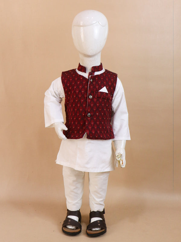 1Yrs - 5Yrs Dark Maroon Waistcoat with White Kurta Pajama Suit For Boys BKS69