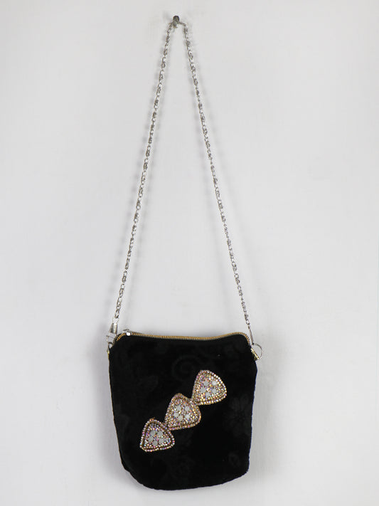 Stylish Velvet Handbag For Girls Heart Black 36