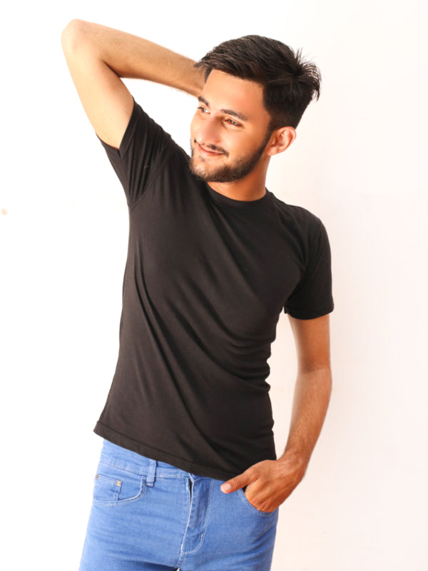 Black Plain Crew Neck T-Shirt For Men M MTS85