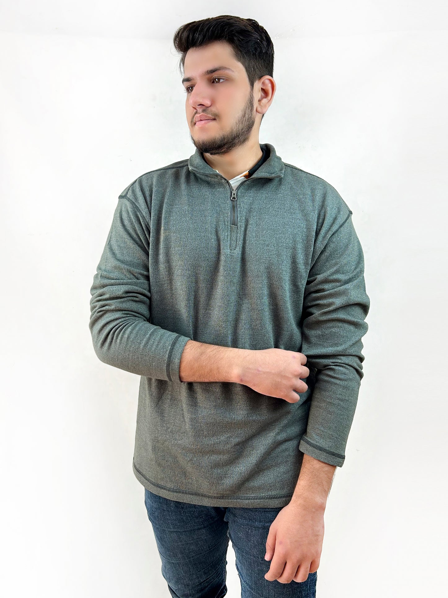 Grey Stand Neck Zipped Sweatshirt For Men MSS13