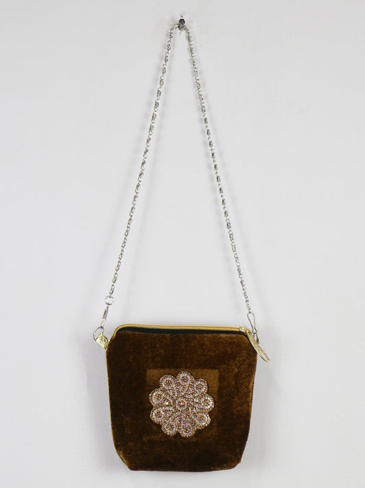 Stylish Velvet Handbag For Girls Flower Brown 49