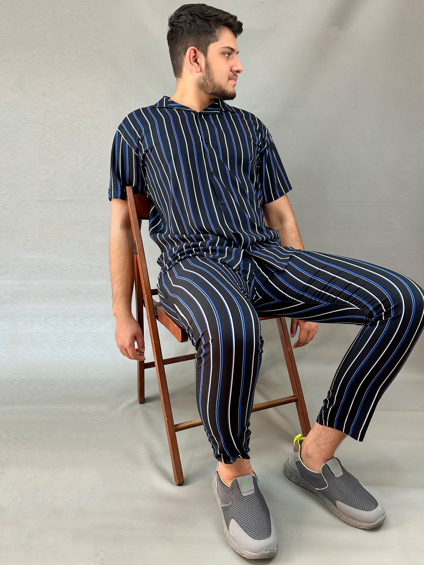 Black Striped Linen Co-Ords Set For Men MTS02