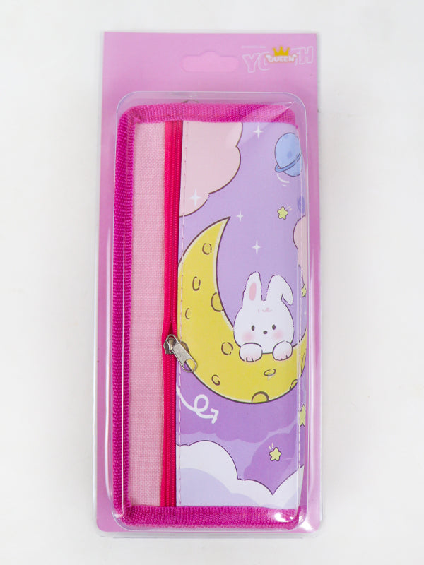 PB03 Zipper Pencil School Pouch For Kids Moon Rabbit Pink