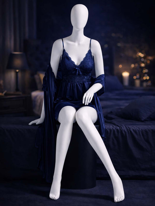 2 Piece Satin Blue Nighty Lingerie Set for Girls and Women WSN30