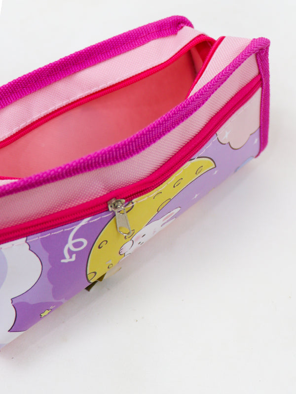 PB03 Zipper Pencil School Pouch For Kids Moon Rabbit Pink