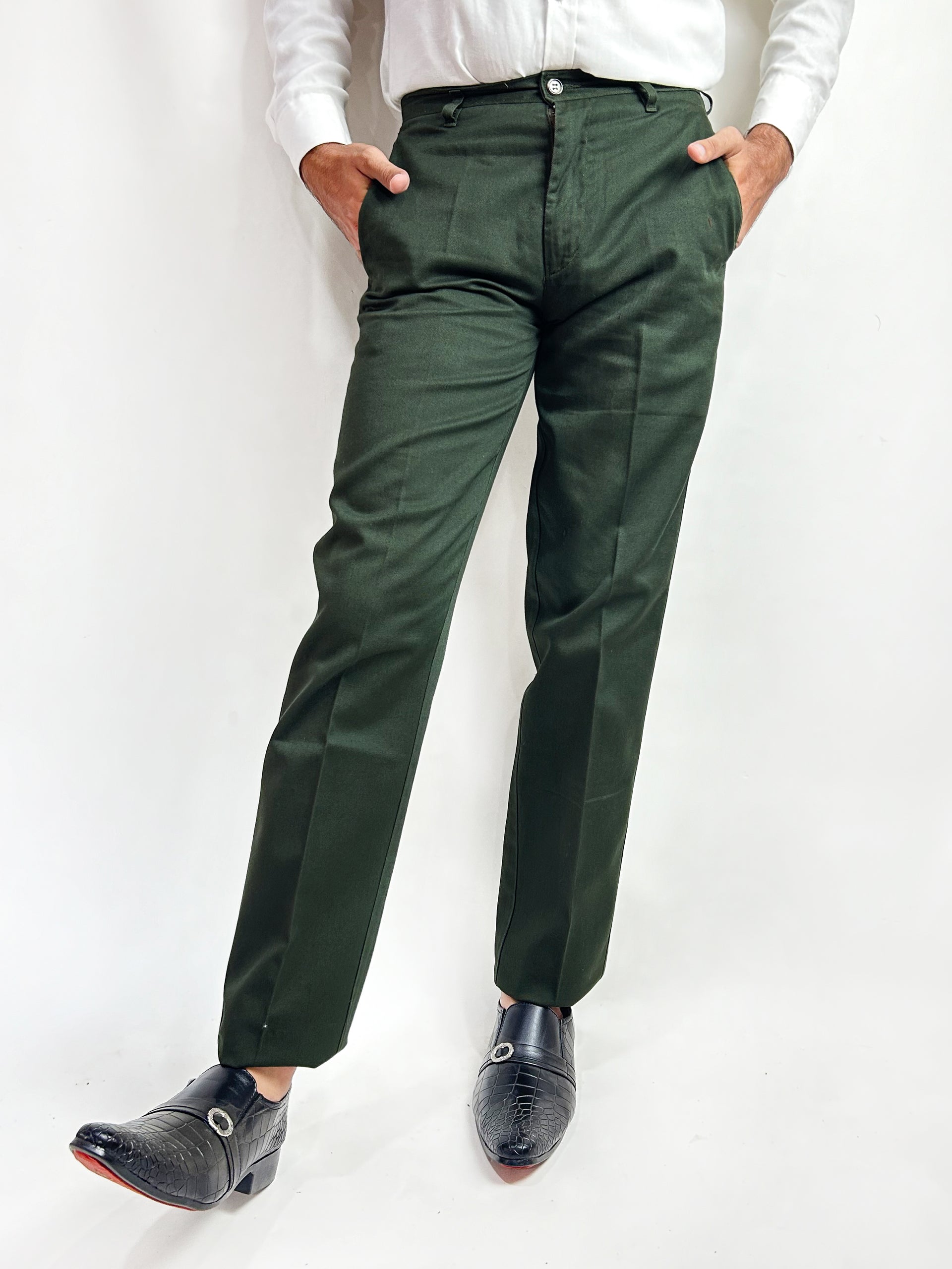 Dark Green Wrinkle-Free 100% Cotton Formal Dress Pant For Men MWF15  The  Cut Price