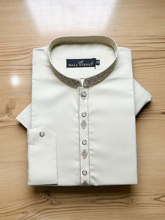 925-6 Beige Stitched Suit Sherwani Collar Kameez Shalwar For Men MSK459