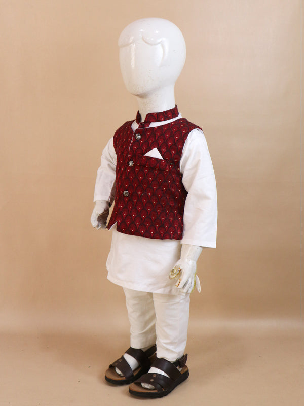 1Yrs - 5Yrs Dark Maroon Waistcoat with White Kurta Pajama Suit For Boys BKS69