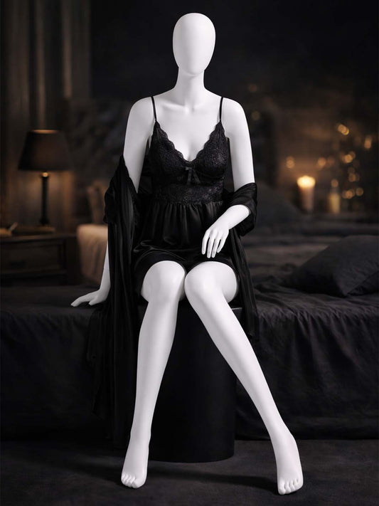 2 Piece Satin Black Nighty Lingerie Set for Girls and Women WSN31