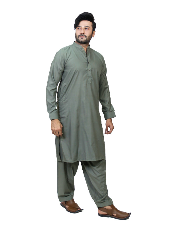 461/1 Men's Kameez Shalwar Stitched Suit Sherwani Collar Green Shade
