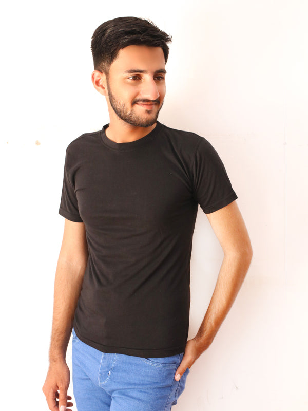 Black Plain Crew Neck T-Shirt For Men M MTS85