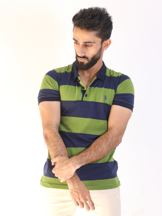 MPT02 AB Men's Green Striped Contrast Polo Shirt