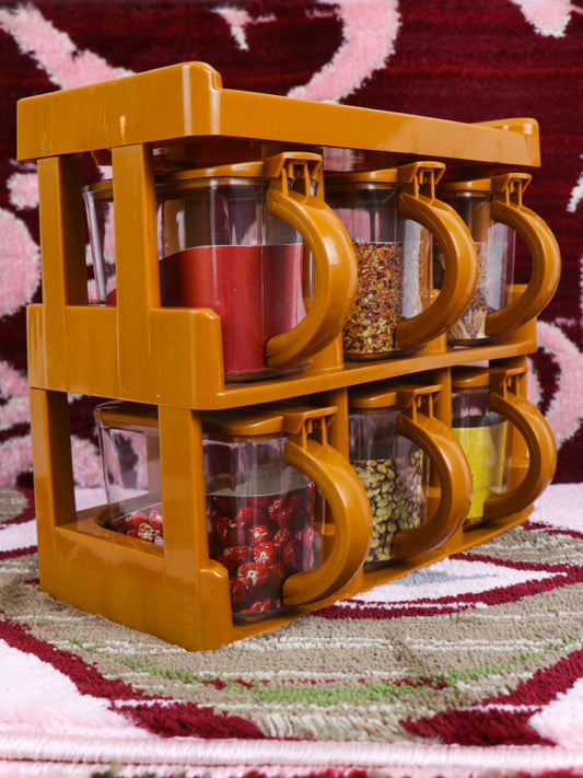 Brown 2-Tier Spice Rack With 6 Spice Jars