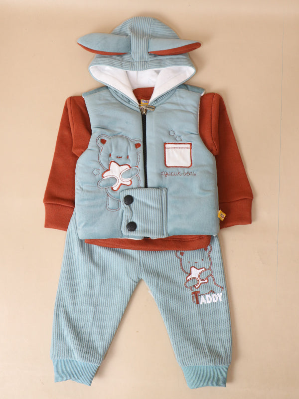 3Mth - 9Mth Teddy Light Cyan Hooded Baba Suit For Newborns AJ NBS141