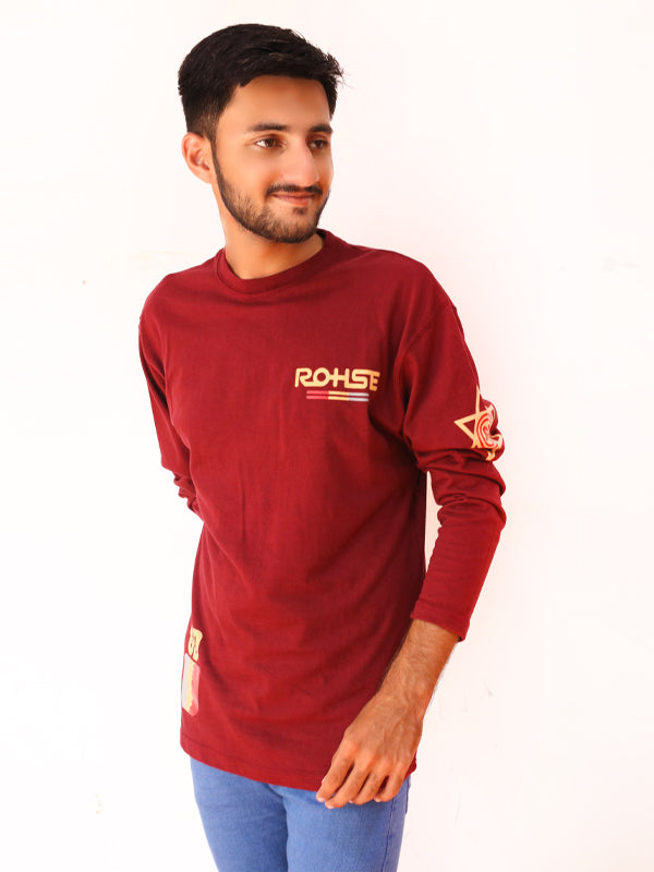 Dark Maroon Rohse Full Sleeve Printed T-Shirt For Men SN MTS84