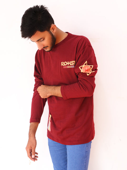 Dark Maroon Rohse Full Sleeve Printed T-Shirt For Men SN MTS84