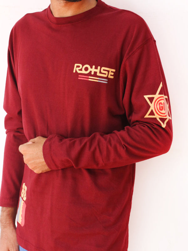 Dark Maroon Rohse Full Sleeve Printed T-Shirt For Men SN MTS84