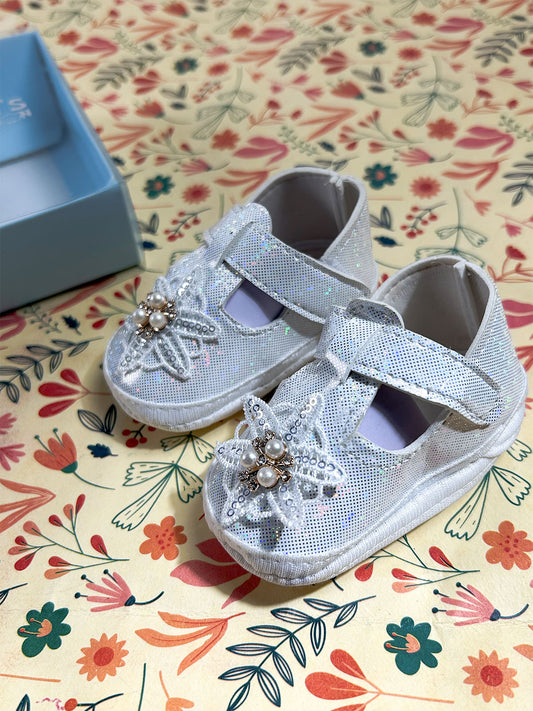White Floral Mary Jane Bootie For Newborn NB125