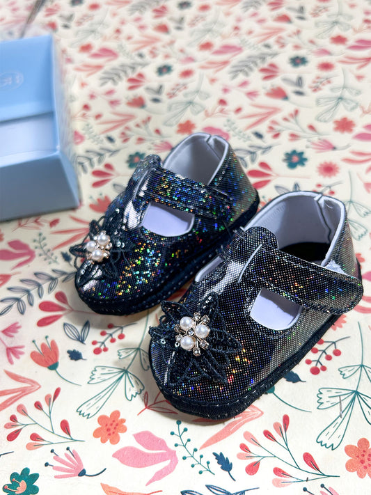 Black Floral Mary Jane Bootie For Newborn NB128