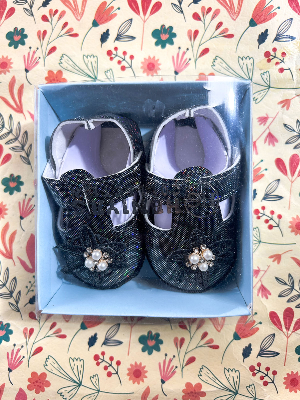 Black Floral Mary Jane Bootie For Newborn NB128