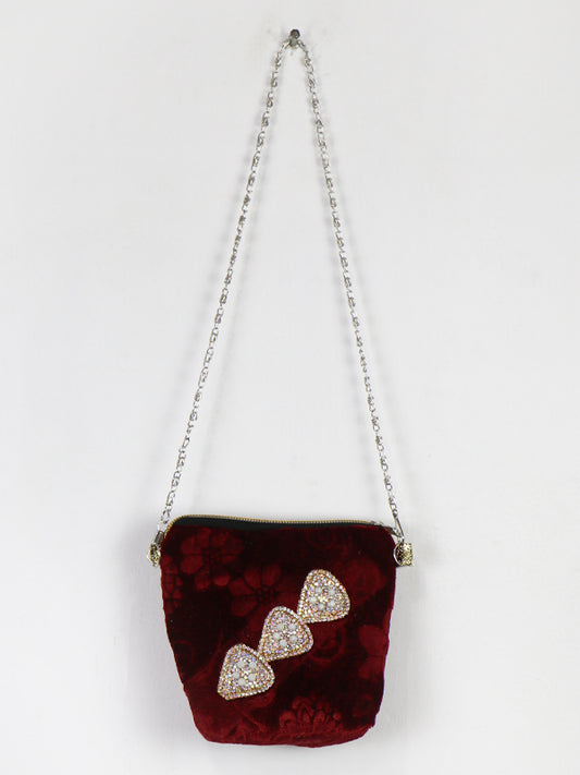 Stylish Velvet Handbag For Girls Heart Maroon 37