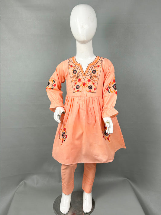 5Yr - 12Yrs Light Orange Embroidered Suit For Girls RZ GS128