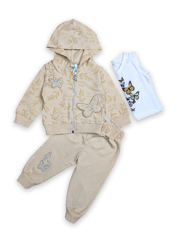 3Mth - 9Mth Beige Butterfly 3Pc Hooded Baby Suit For Newborn NBS149