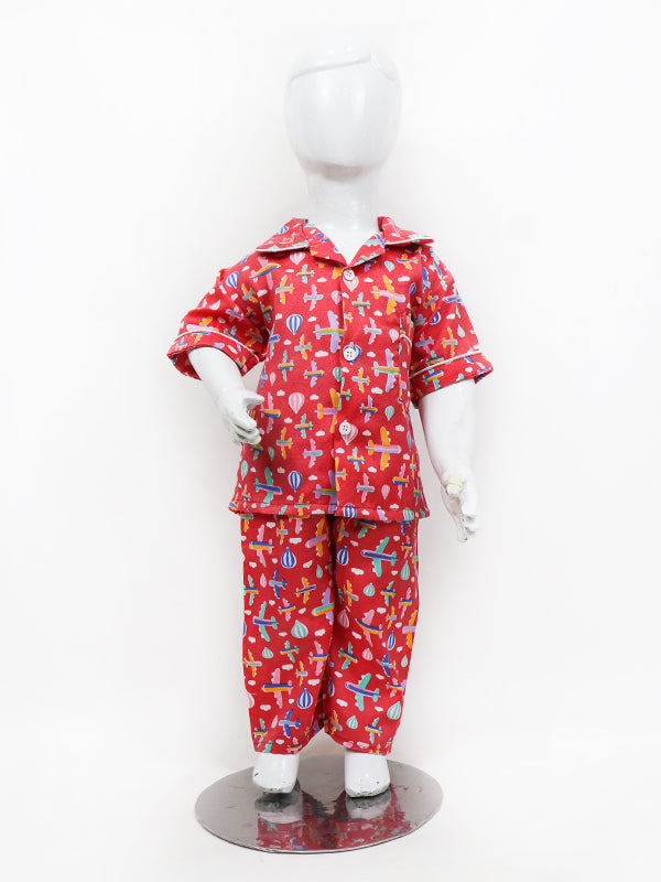 BNS01 NG Kids Cotton Night Suit 1Yrs - 5Yrs Airplane Red