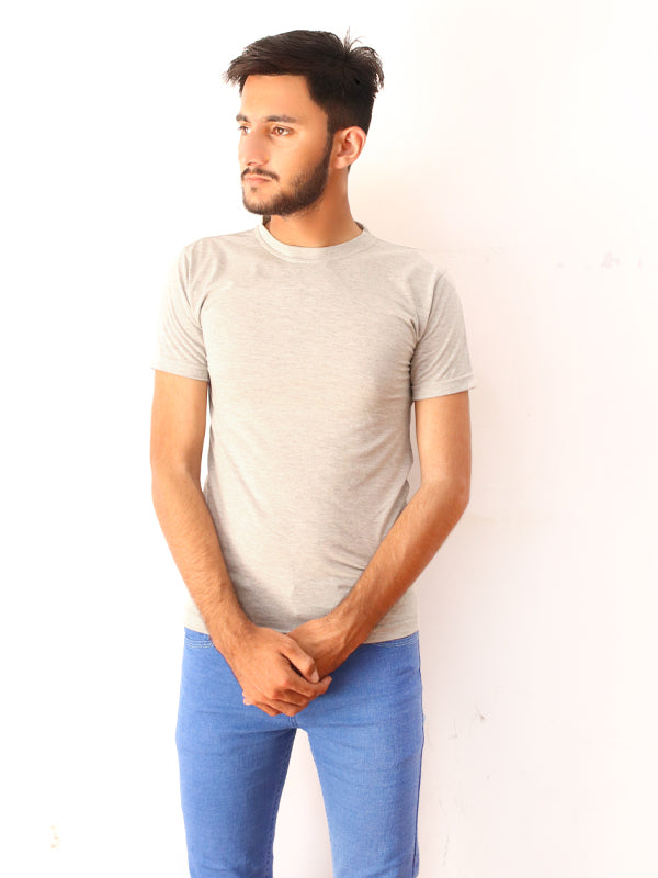 Light Grey Plain Crew Neck T-Shirt For Men M MTS85