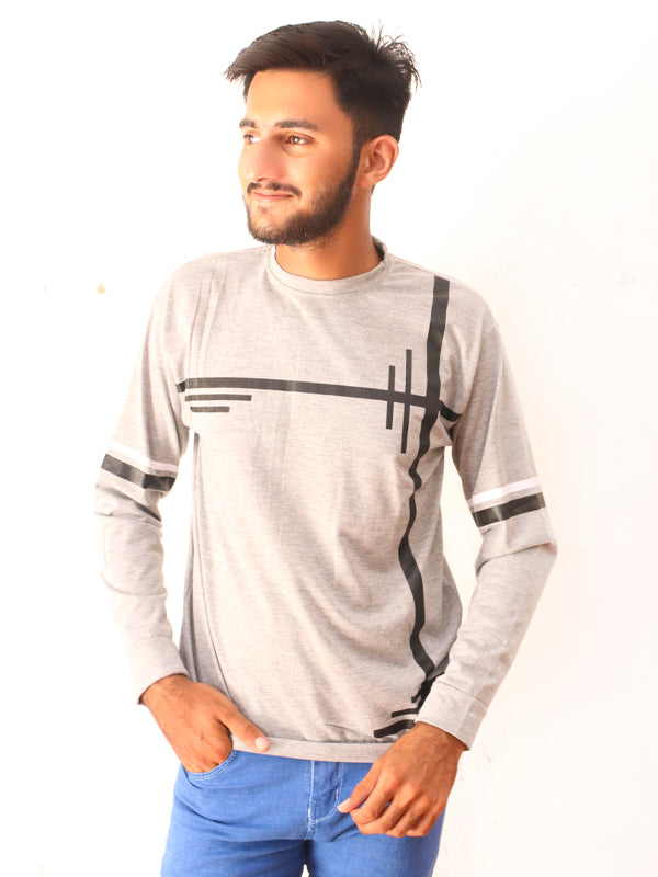 Light Grey Full Sleeve Printed T-Shirt For Men SN MTS69