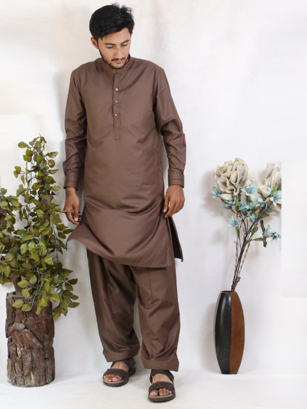 MSK45 580 Men's Kameez Shalwar Stitched Suit Brown