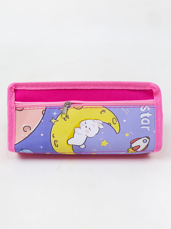 PB03 Zipper Pencil School Pouch For Kids Moon Rabbit Blue