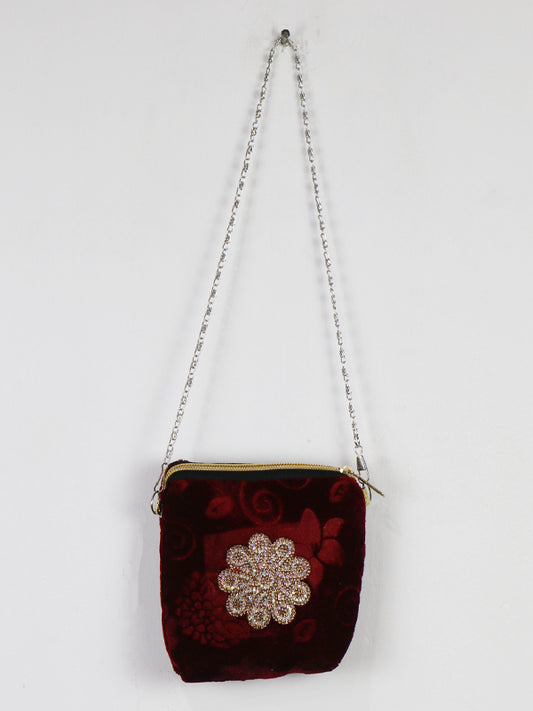 Stylish Velvet Handbag For Girls Flower Maroon 50