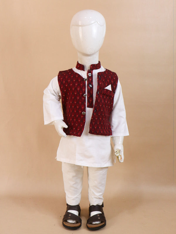 1Yrs - 5Yrs Dark Maroon Waistcoat with White Kurta Pajama Suit For Boys BKS69