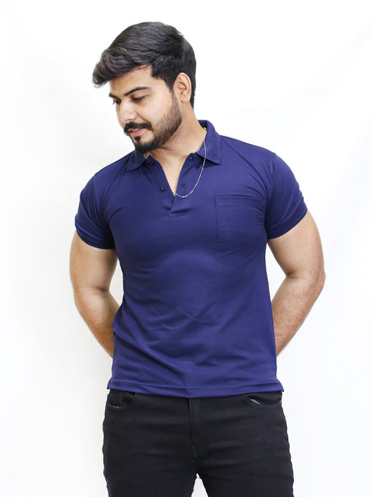 M Men's Plain Polo T-shirt Navy Blue - With Pocket